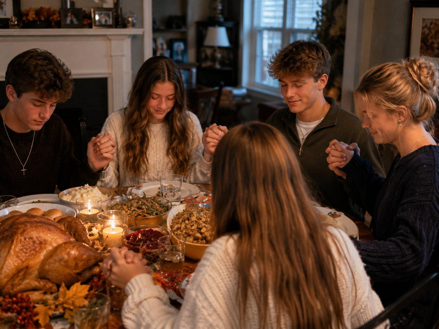A family gathering in prayer around a warm dinner table